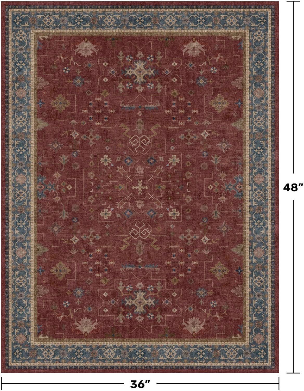 Washable 3x4 Rugs for Entryway - Burgundy Large Kitchen Rug, Non Slip Inside Door Mats for Home Entrance, Unique Bohemian Red Low Pile Thin Carpet for Bedroom Bedside, Foyer