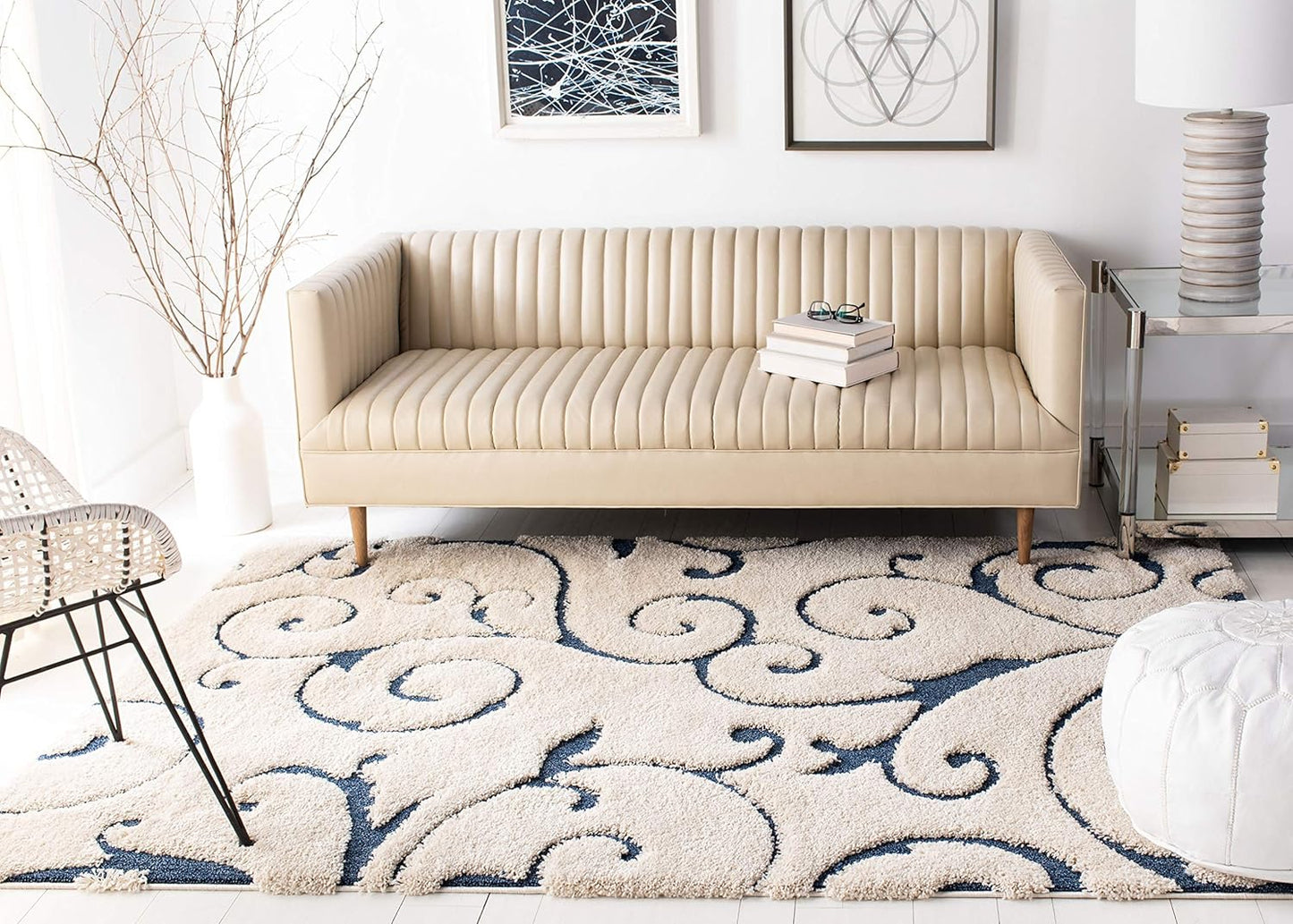 SAFAVIEH Florida Shag Collection Area Rug - 6' x 9', Cream & Blue, Scroll Design, Non-Shedding & Easy Care, 1.2-inch Thick Ideal for High Traffic Areas in Living Room, Bedroom (SG455-1165)