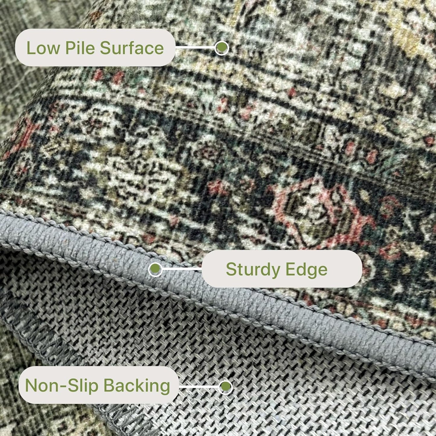 10X14 Area Rugs Machine Washable Rugs for Living Room, Vintage Boho Large Rugs for Bedroom Dining Room, Non Slip Indoor Soft Distressed Lightweight Thin Low Pile Carpet, Green