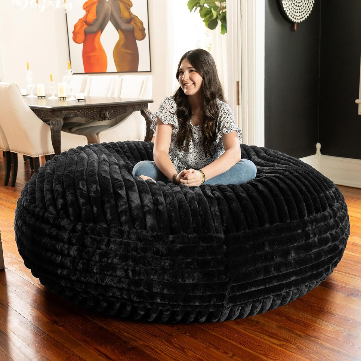 Jaxx 6 Foot Cocoon - 2-in-1 Convertible Bean Bag Bed & Large Bean Bag Chair for Adults, Premium Luxe Faux Fur - Mondo Black