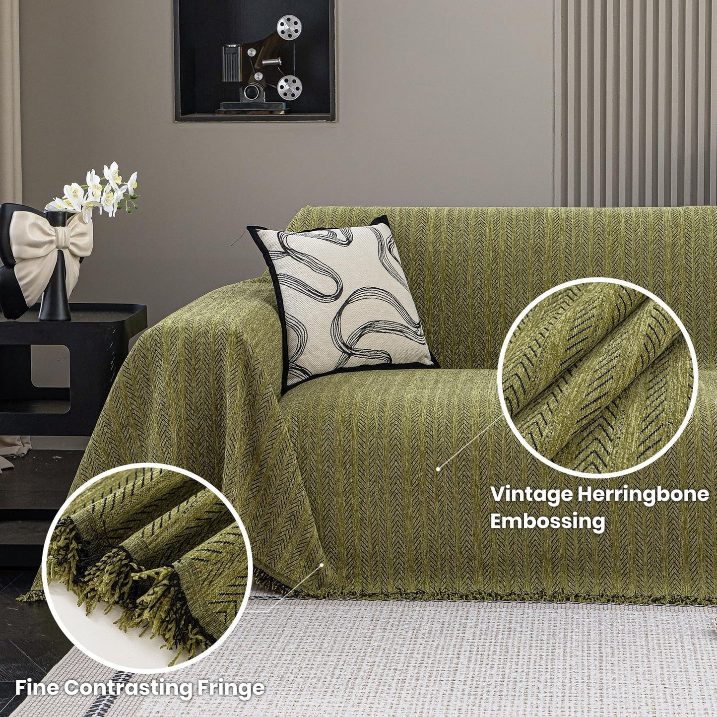 Nobildonna Sofa Chair Cover Waterproof Soft Thicken Chenille Cushion Couch Cover with Tassels,Washable Sofa Slipcovers for Armchair Recliner Sectional Furniture Protector, Green 71"x71"