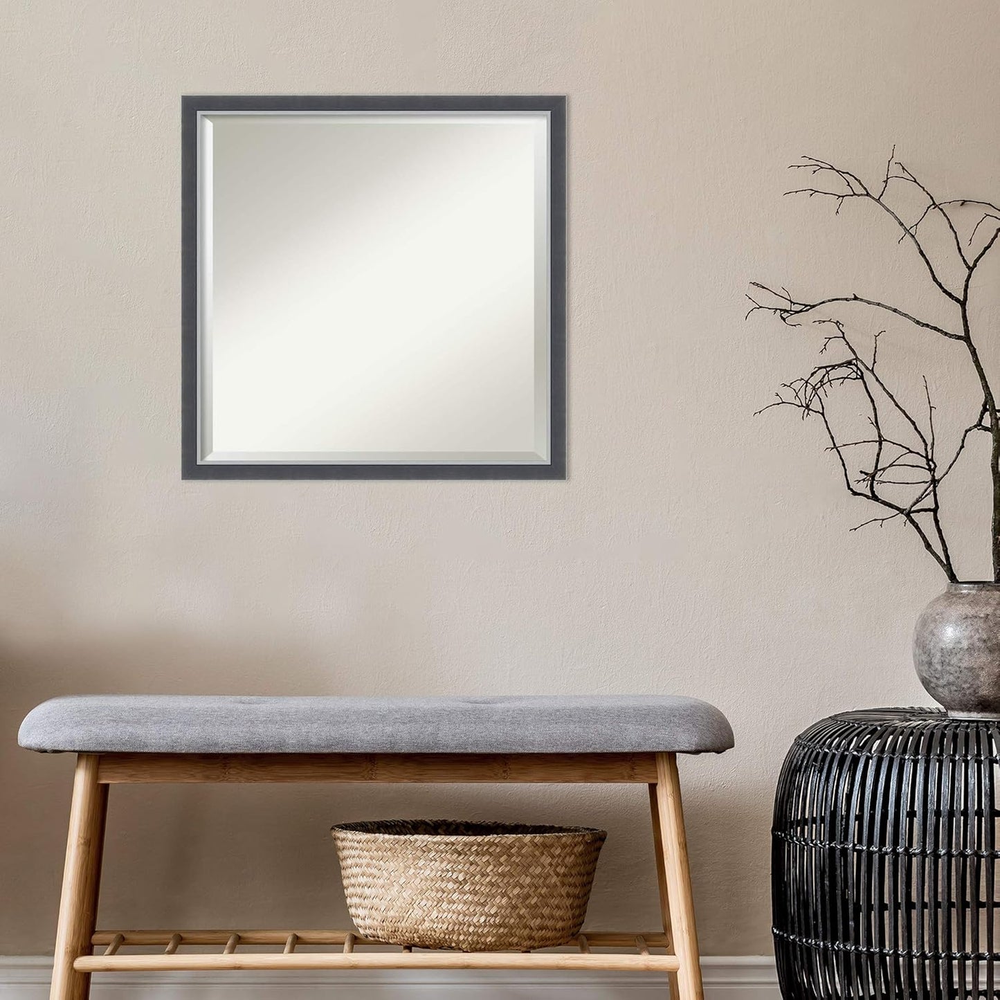 Amanti Art Black Bathroom Mirror for Over Sink, 22x22 Eva Black Silver Thin Square Vanity Mirror, Medium Modern Contemporary Frame, Hangs Horizonally and Vertically, Bathroom Wall Decor, Beveled Edge