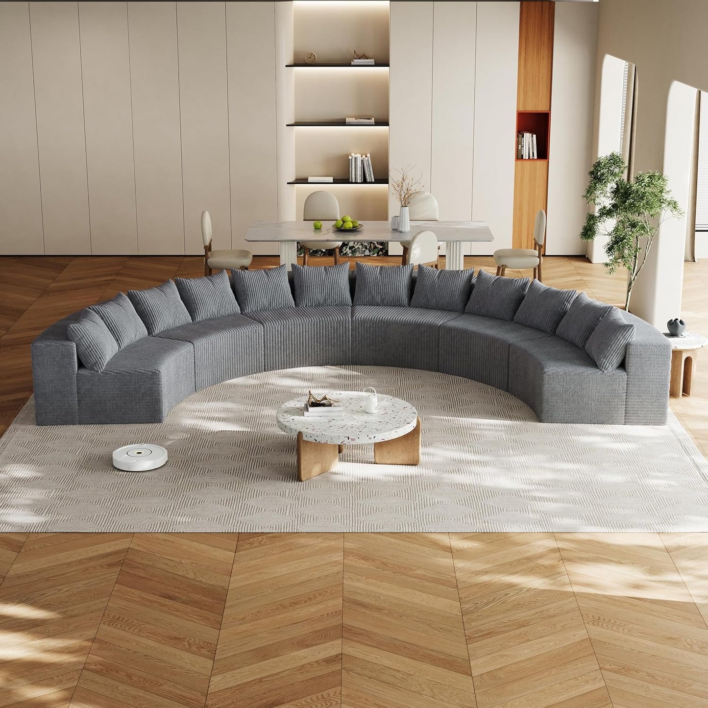 KEIKI Corduroy Curved Sectional Sofa, 6 Seater Symmetrical Modular Semi Circular Couch, Tufted Deep Seat Corner Sofa for Living Room, Lobby, Gray