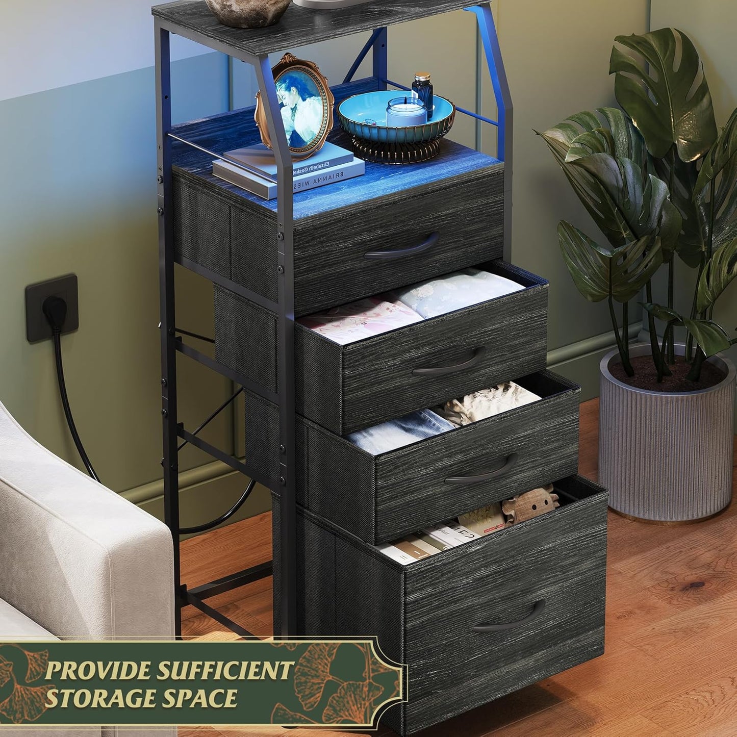 WLIVE Nightstand with Charging Station, Black Night Stand with LED Light, Tall 4 Drawer Dresser for Bedroom, 37" H Bedside Table with Fabric Storage Bins, Open Wood Shelf, Metal Frame