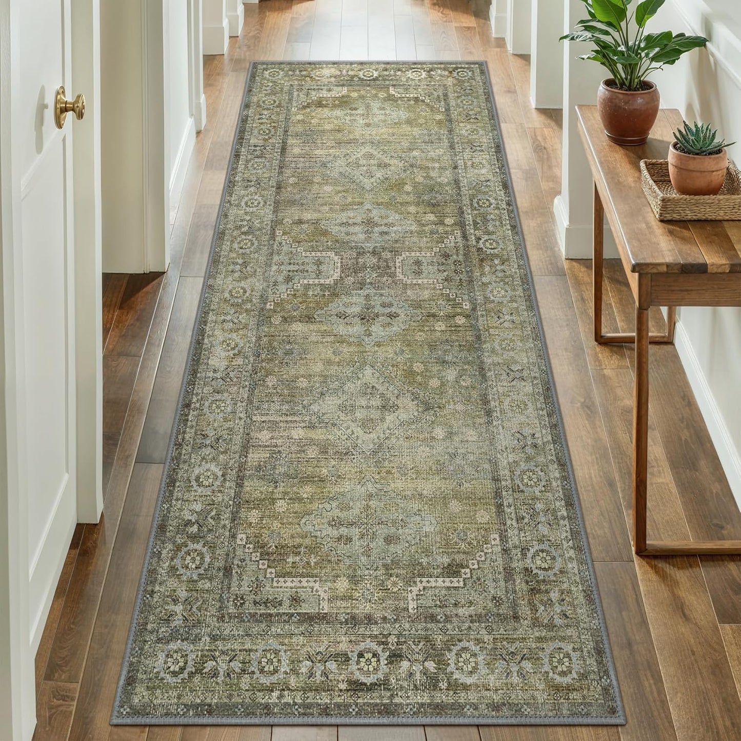 GENIMO Runner Rug 2x10 Non Slip Machine Washable Vintage Hallway Runner Rugs, Low Pile Lightweight Mat for Living Room, Entryway, Bedroom, Kitchen and Corridor, Distressed Sage