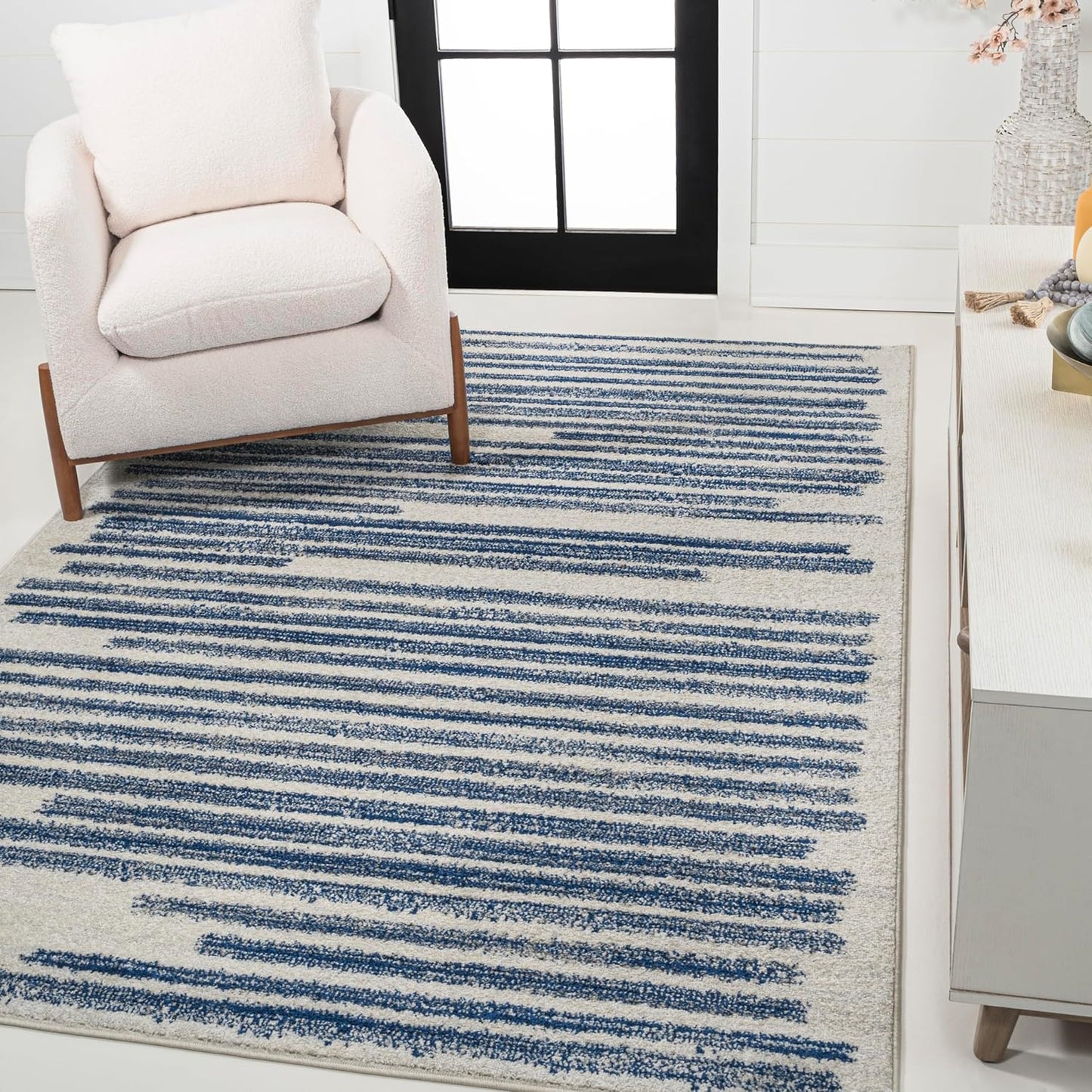 JONATHAN Y Khalil Modern Berber Stripe Cream/Navy Indoor Area Rug, 8x10, Contemporary, Bohemian, Easy-Cleaning for Living Room, Bedroom, Kitchen, Pet Friendly, Non-Shedding (MOH207E-8)