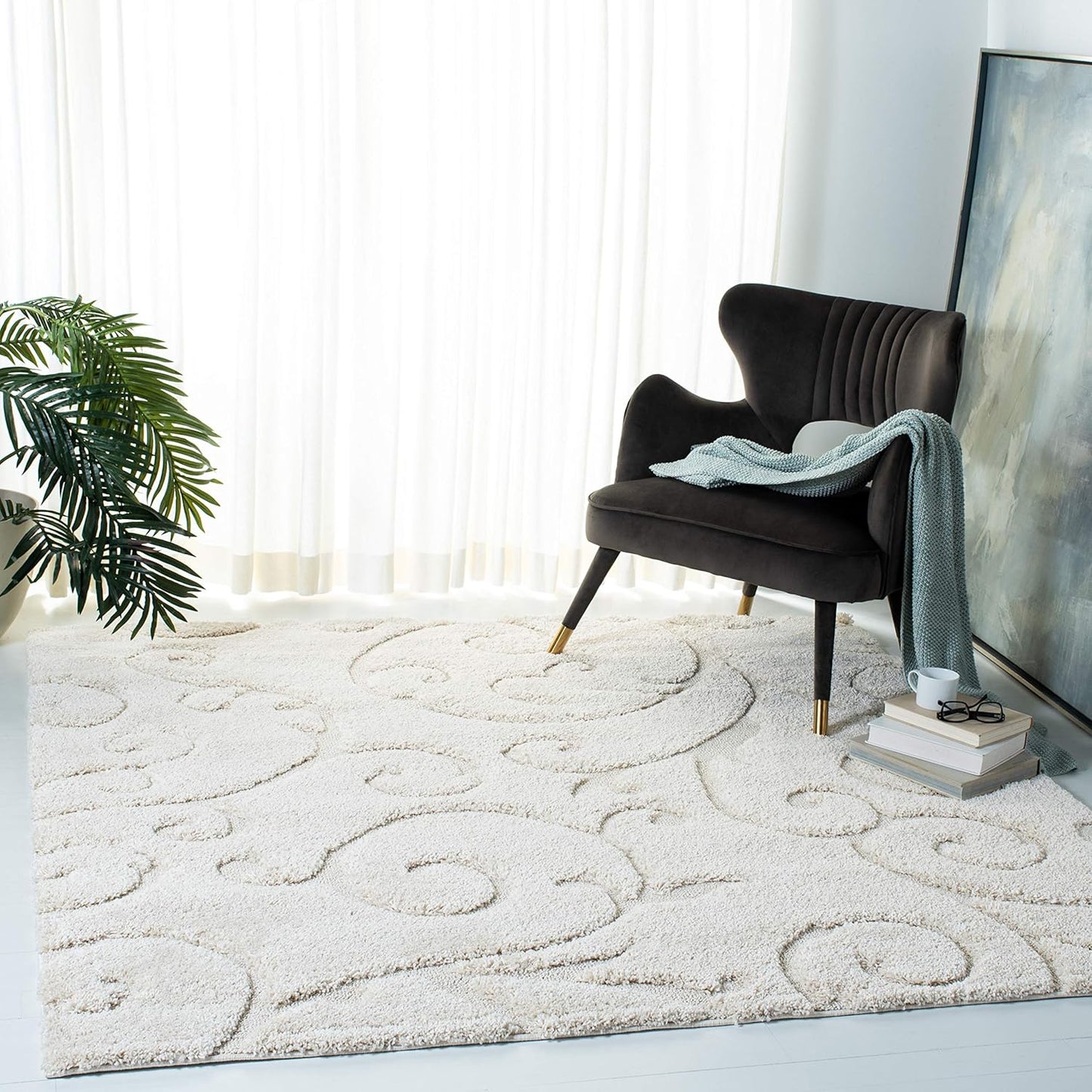 SAFAVIEH Florida Shag Collection Area Rug - 5' Square, Creme & Creme, Scroll Design, Non-Shedding & Easy Care, 1.2-inch Thick Ideal for High Traffic Areas in Living Room, Bedroom (SG455-1111)