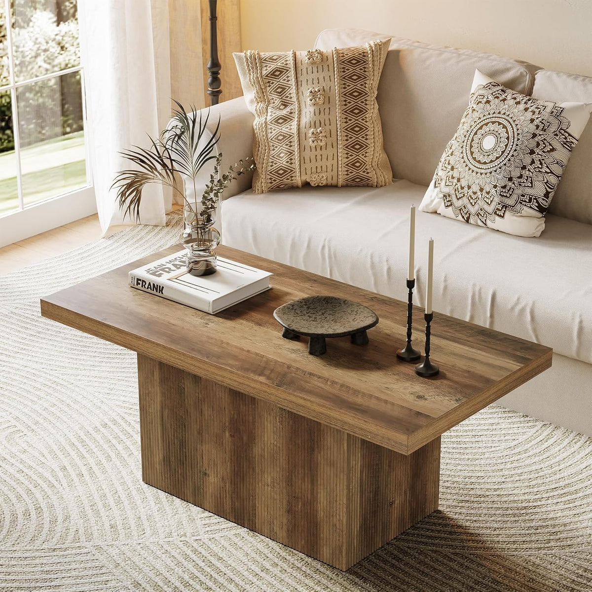 47-Inch Large Coffee Table with Pedestal, Living Room Center Table Rectangle Thickened Tabletop, Farmhouse Low Cocktail Tea Furniture for Living Room, Apartments, Rustic Brown