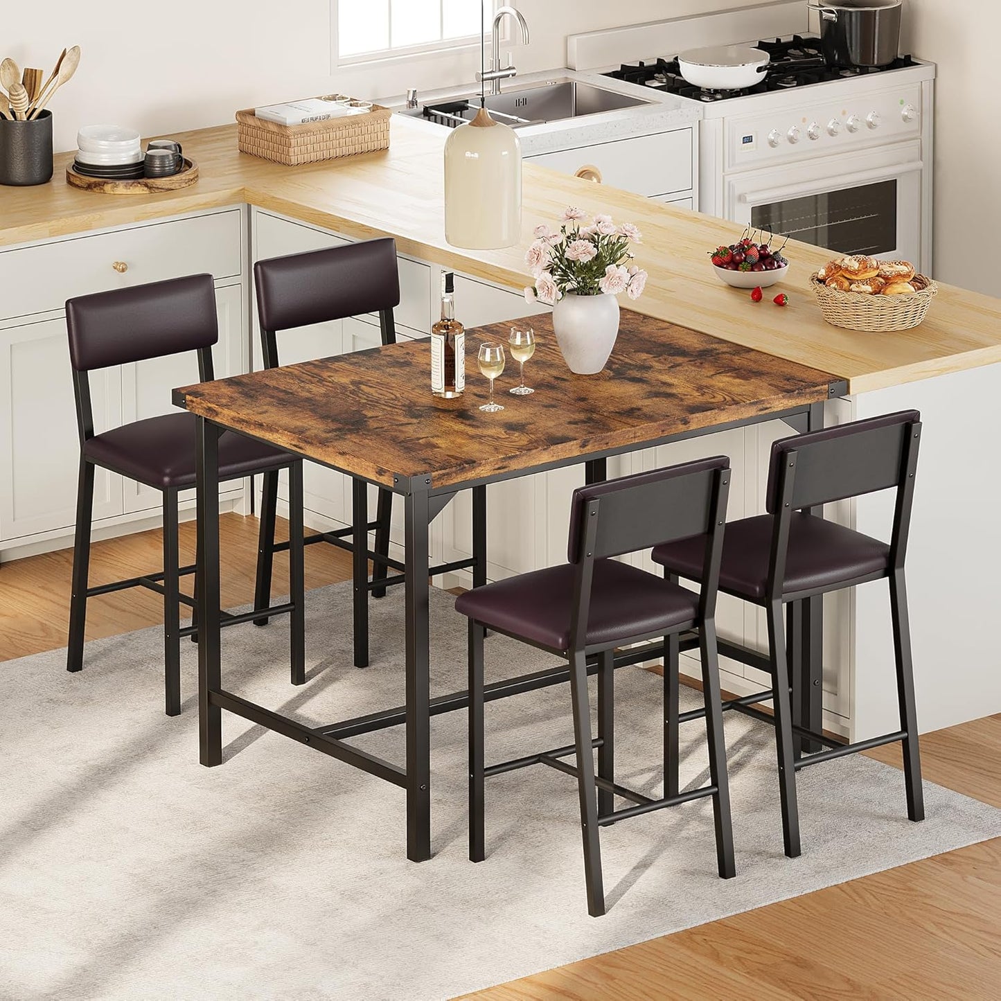 IDEALHOUSE Dining Table Set for 4 w/Counter Height Table & 4 Upholstered Bar Stools, 5-Piece Kitchen Table Set with Footrest & Corner Protector, for Kitchen Room, Apartment, Pub