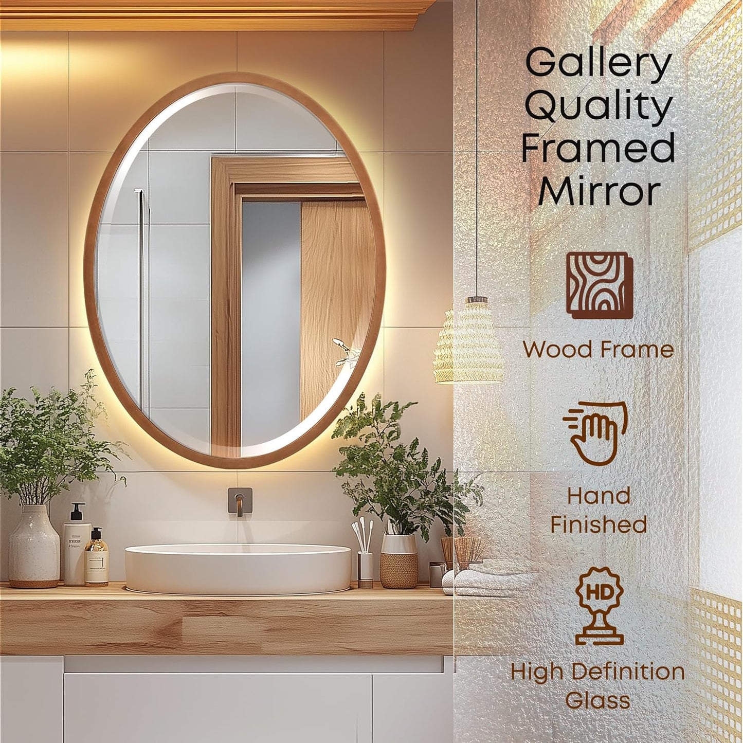 OVALCREST - Oval Wooden Beveled Wall Mirror for Home Decor, Bathroom, Vanity, Bedroom, Living Room, Hallway - London Style (Sunset Gold) 23.1 x 29.1
