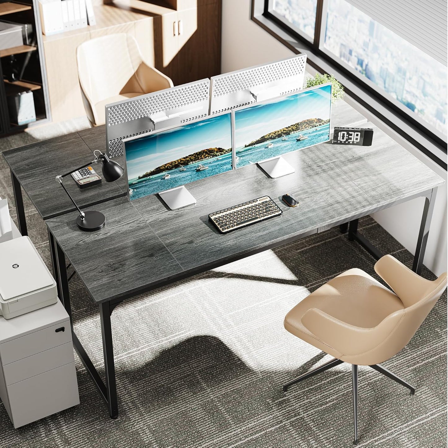 Huuger Computer Desk, 70 Inch Office Desk, Gaming Desk with Storage, Writing Desk Work Desk for Home Office, Study, Long Simple Desk, Large Legroom, Metal Frame, Grey