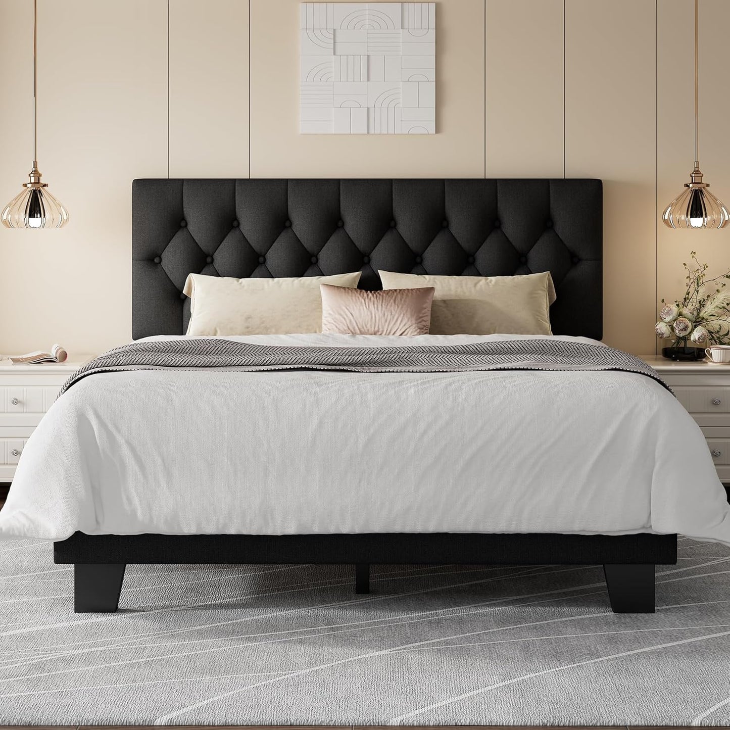 Feonase Full Size Platform Bed Frame with Button Tufted Headboard, Upholstered Linen Bed with Wooden Slats Support, No Box Spring Needed, Easy Assembly, Noise-Free, Black