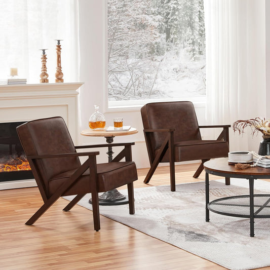 Yaheetech Accent Chair, Armchair with Strong Wood Frame, PU Leather Modern Retro Lounge Chair for Living Room/Lounge/Office/Reception Area, 2 Pieces, Dark Brown