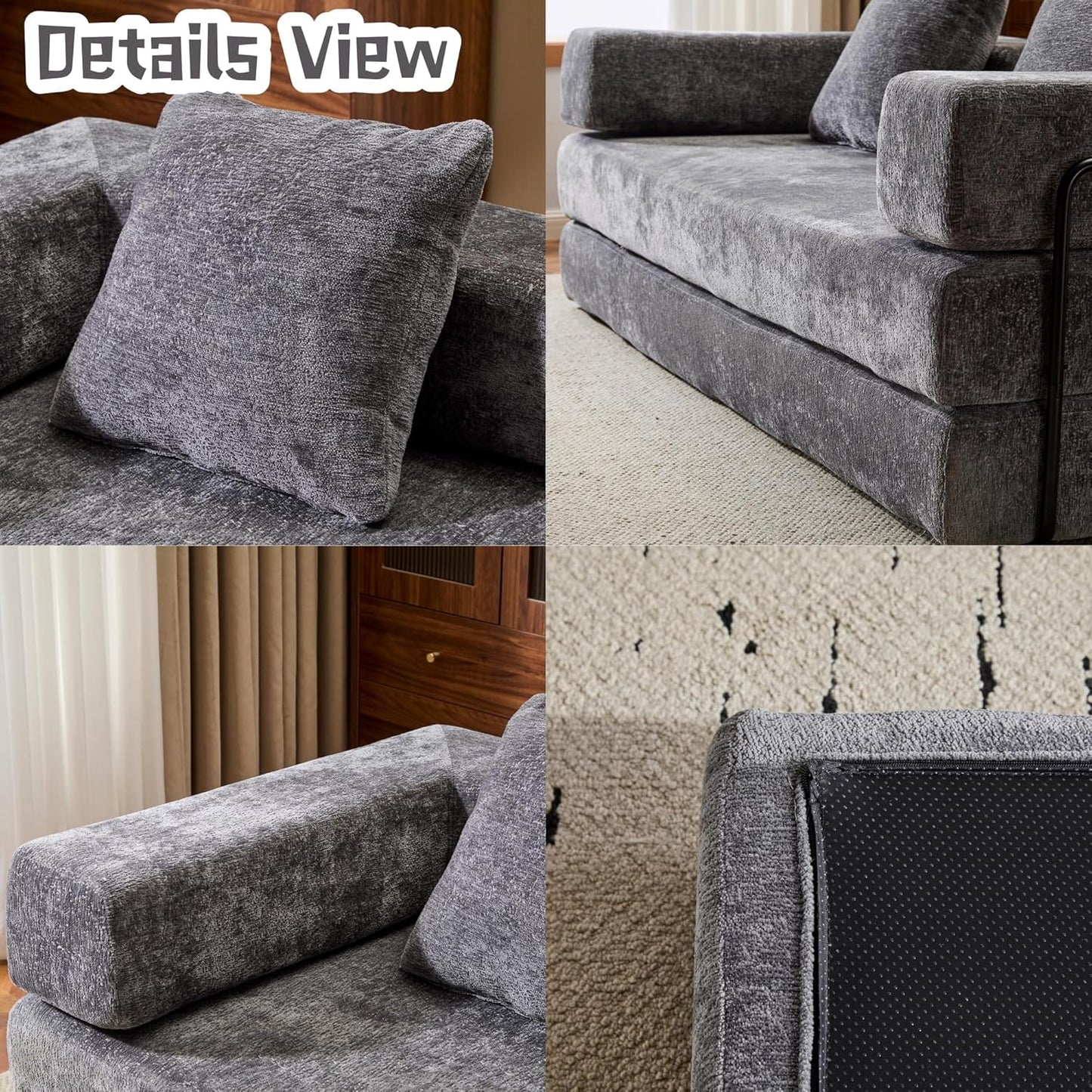 Convertible Sofa Bed, Compression Futon Sofa with Pillows & Armrest, Foldable Mattress Couch with Fixed-Shape Frame, Comfy Couch Lounge Sleeper Bed for Living Room Bedroom, Dark Gray