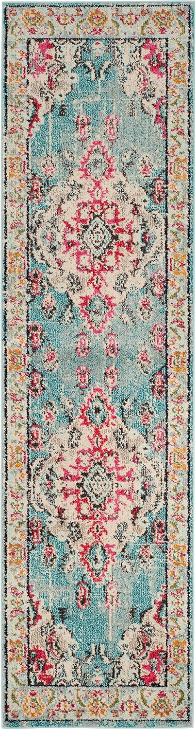 SAFAVIEH Monaco Collection Runner Rug - 2'2" x 14', Light Blue & Fuchsia, Medallion Distressed Design, Non-Shedding & Easy Care, Ideal for High Traffic Areas in Living Room, Bedroom (MNC243J)