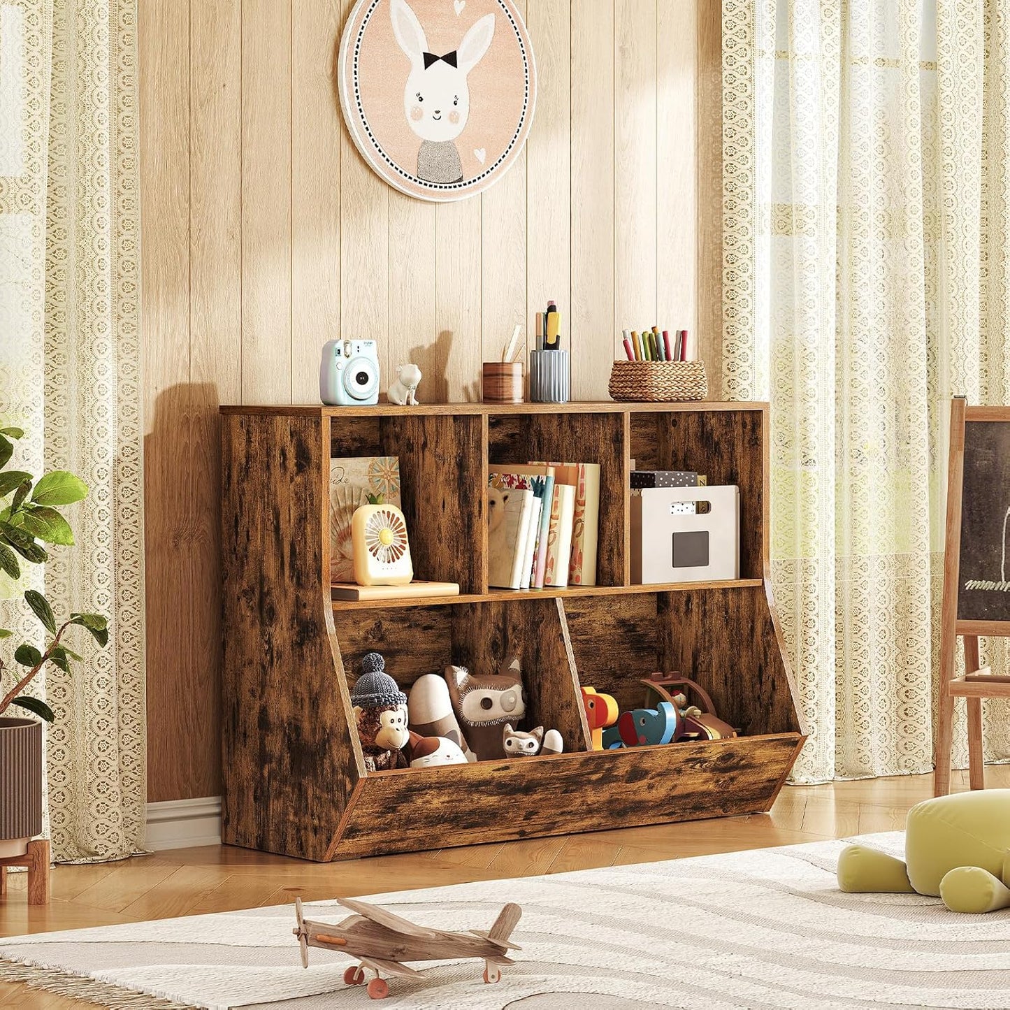 HOOBRO Kids Bookshelf, Bookcase Footboard, Toy Storage Cubby, Children's Toy Shelf, 39.4" L Toy Storage Cabinet, Fit for Children's Room, Playroom, Hallway, Kindergarten, Rustic Brown BF132CW01