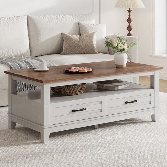 GarveeHome Farmhouse Coffee Table with Drawers, 47.2" Center Table Rustic Coffee Tables White Brown Living Room Table, with Open Shelf and 6 Support Legs