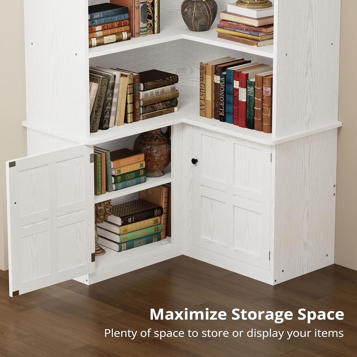 IRONCK Corner Bookshelf with Doors, 6 Tier Bookcase with Storage, Corner Shelf with Cabinet, Large Tall Bookshelf for Living Room, Home Office, Bedroom,White
