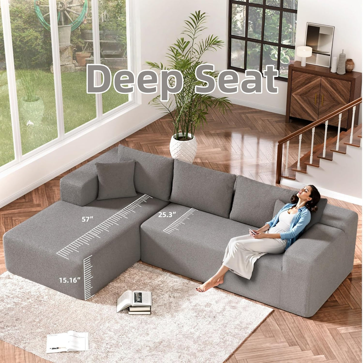 Cloud Sectional Couch, 104”L-Shape Oversized Sofa with Right Chaise Lounge, Modular Sleeper Couch with Pillows & Deep Seat, Rain Drop Velvet Fabric Compressed Sofa for Living Room, Light Gray