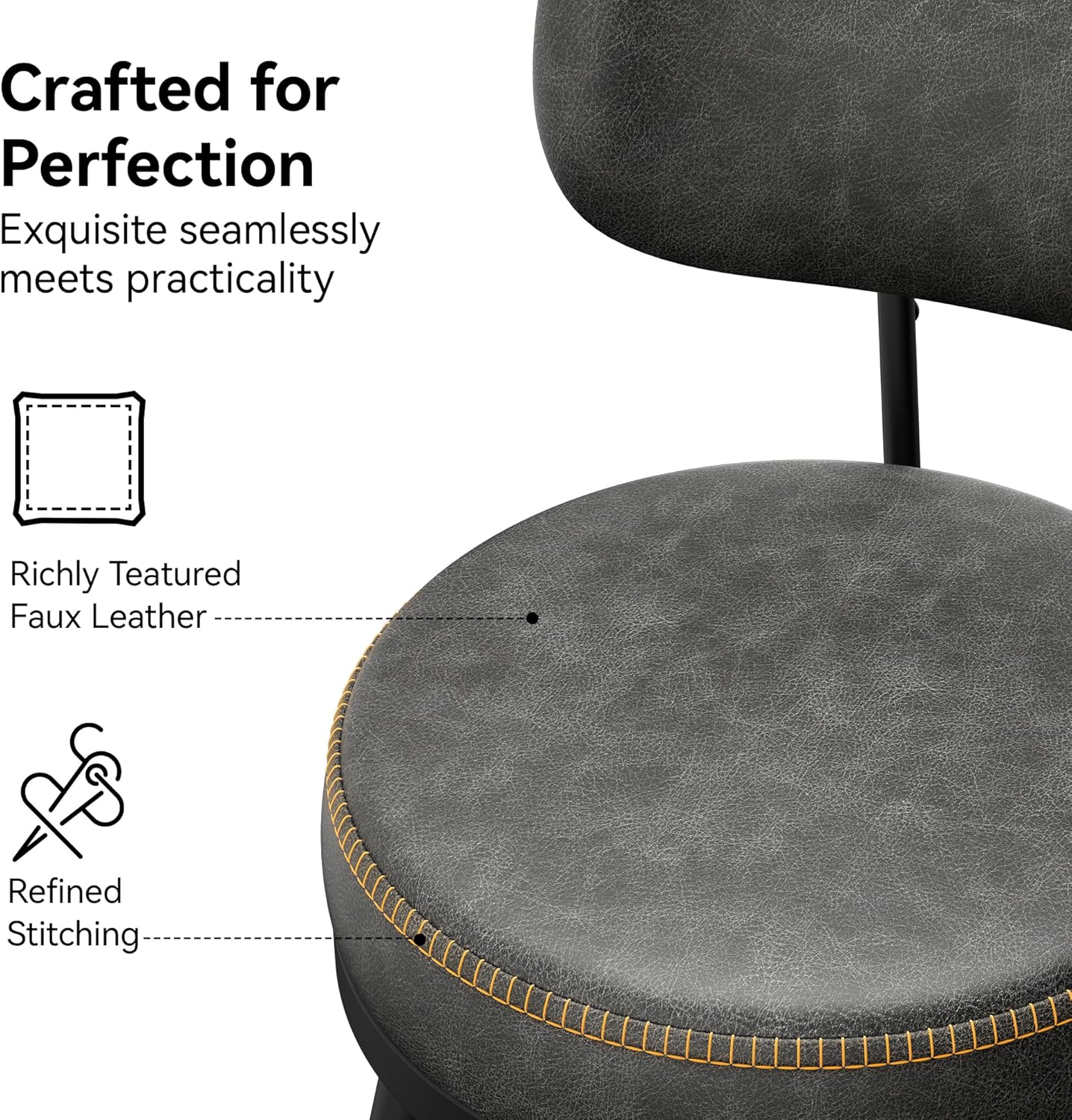 Counter Height Bar Stools, 26" H Swivel Barstools Set of 2, Faux Leather Kitchen Counter Stools with Back and Stylish Stitching, Metal Frame, Pub, Home Bar, Black Grey