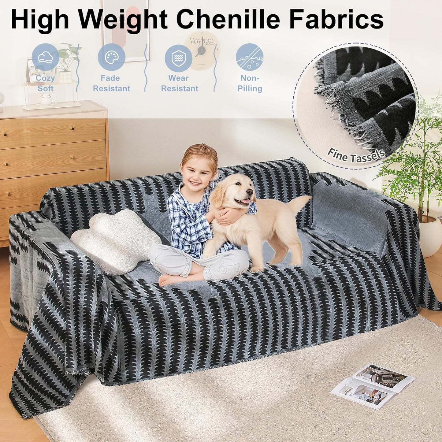 Boho Couch Cover, Sofa Cover, Sofa Covers for 2 Cushion Couch, Washable Sectional Couch Covers for Dogs Pet Furniture Protector Couch Cover Blanket for Living Room (2# Dark Grey, 71" x 102")