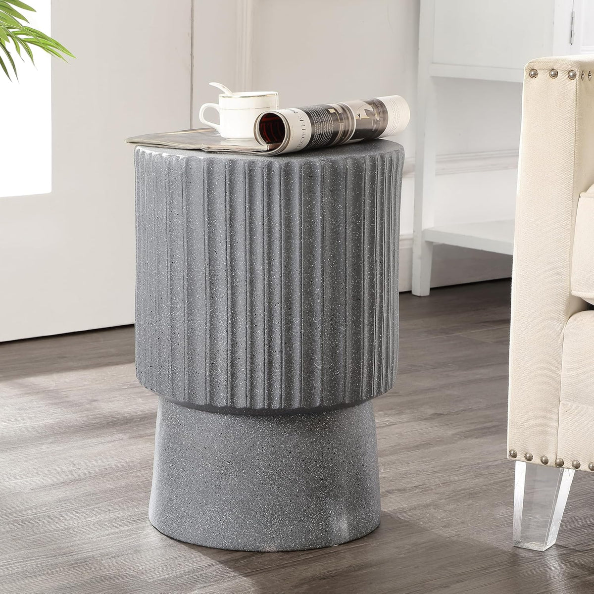 JONATHAN Y TBL1102A Louisa 19" Modern Art Deco Tambour Indoor/Outdoor Accent Table Minimalist, Contemporary, Bohemian, Mid-Century, Patio, Garden Room, Bathroom, Living Room, Gray Terrazzo Finish
