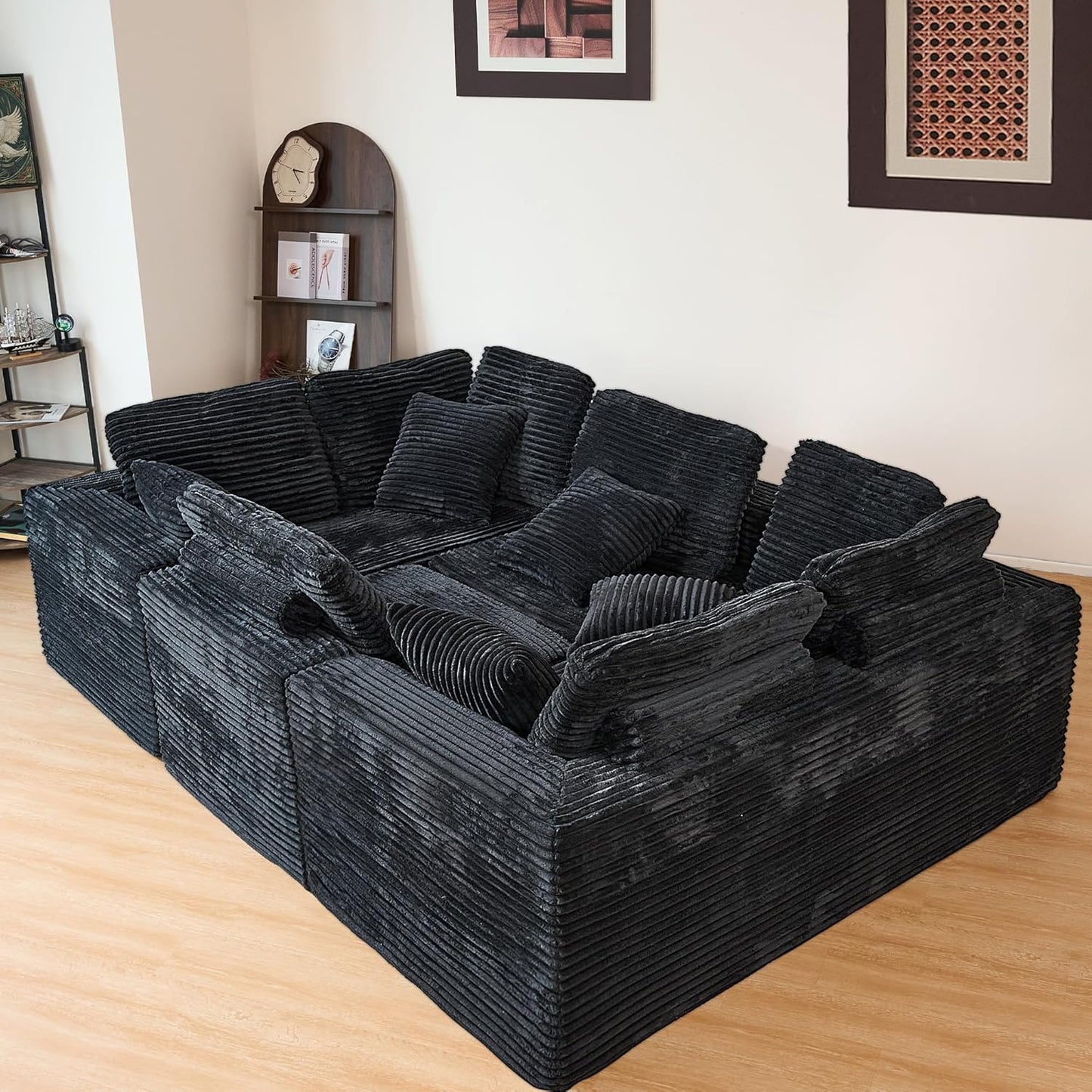KEIKI 135" U Shape Sectional Sofa,6-Seater Modular Couch with Striped Corduroy Fabric for Living Room,Reversible Design