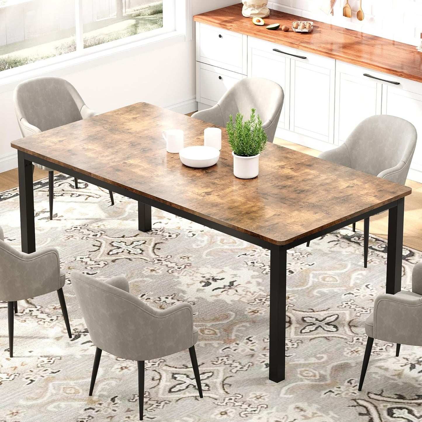 GarveeHome 70.8in Industrial Dining Table for 6, Wooden Long Dinner Table with Mortise Tenon Design, Kitchen Table with Sturdy Metal Legs, for Dining Room Home Office Living Room, Retro