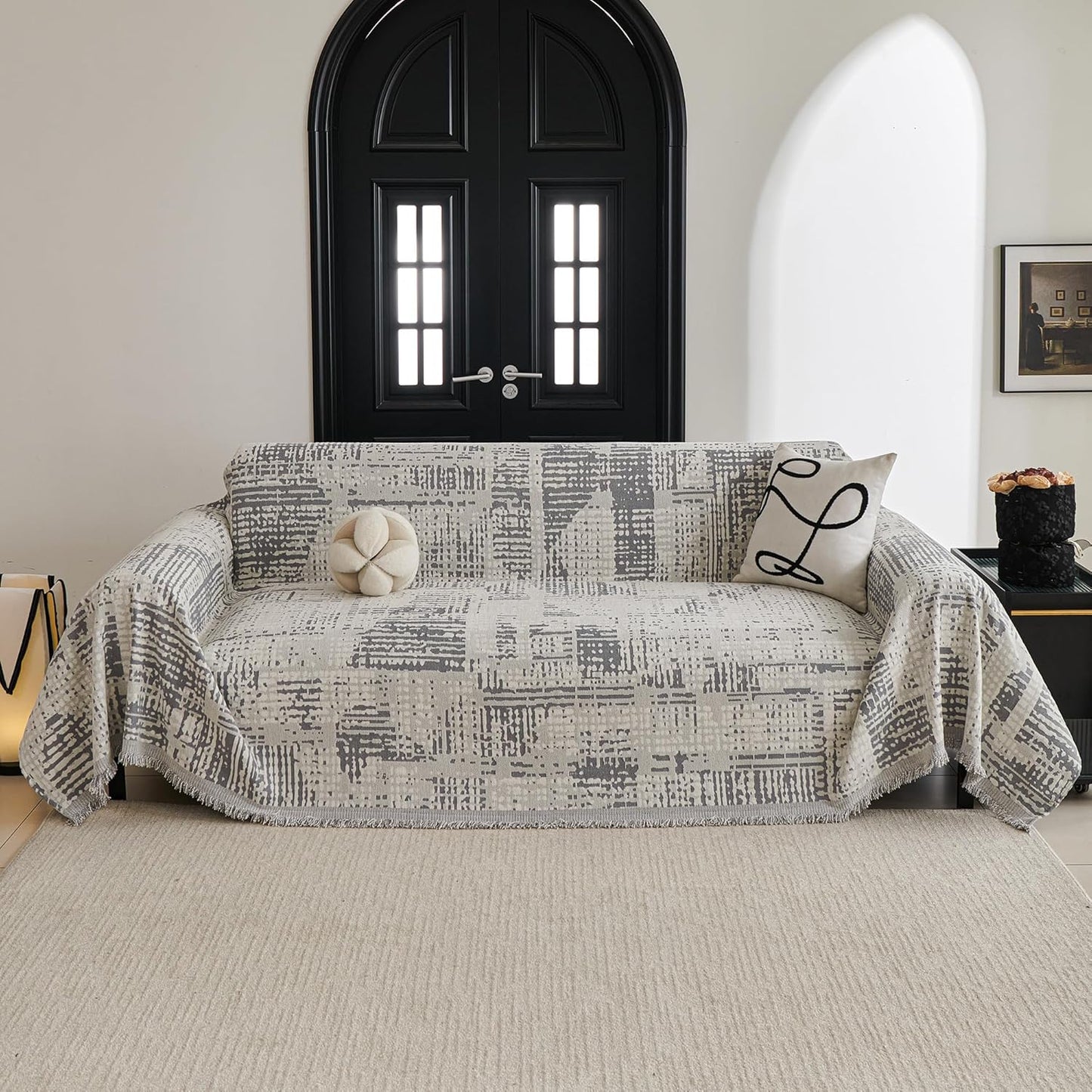 MYSKY HOME Boho Sofa Covers, Couch Covers for 2 Cushion Couch Sofa, Chenille L Shape Sectional Couch Cover, Machine Washable, Sofa Protector for Dog, Kid, 71"x118", Light Grey Artistic Gradient