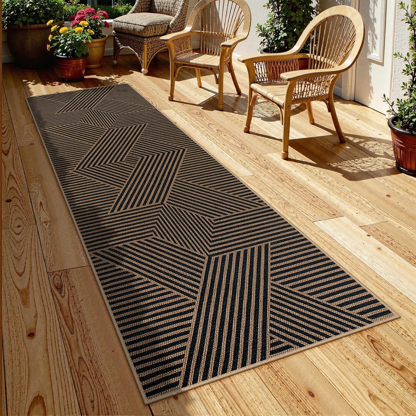 Lahome Modern Geometric Runner Rug, 2x8 Washable Rug Runners for Hallways Non Slip, Black Outdoor Carpet with Rubber Backing, Farmhouse Non Shedding Kitchen Mats for Floor Entryway