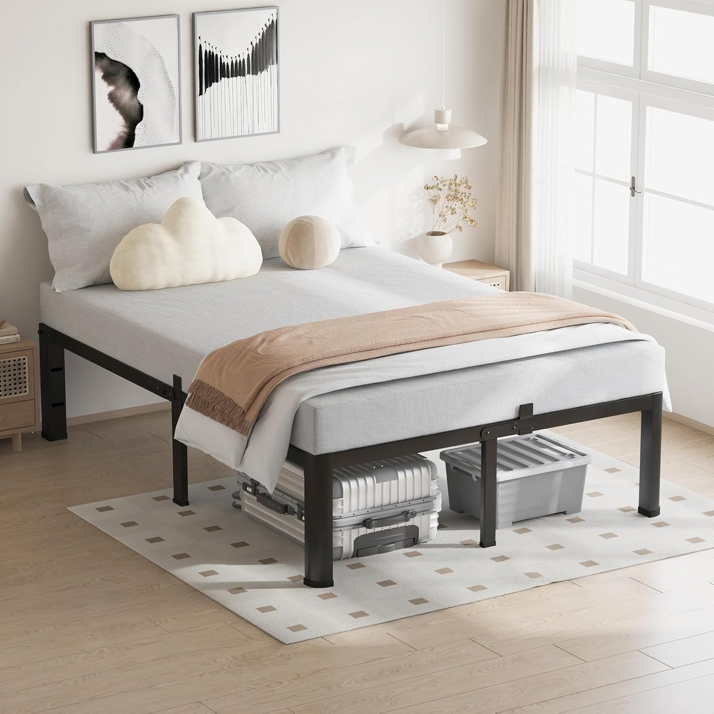 16 Inch Queen Bed Frame, 3500Lbs Heavy Duty Metal Platform with Round Corner Legs Mattress Slide Stopper, Steel Slat Support No Box Spring Needed, Noise Free, Non-Slip, Easy Assembly