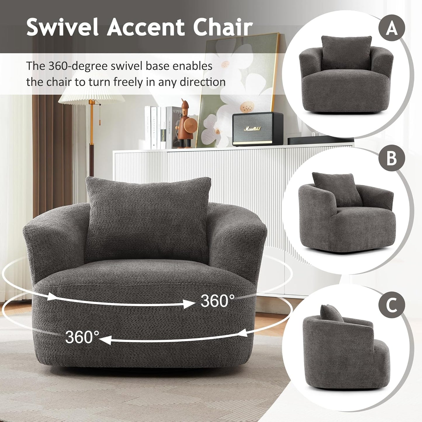 Merax Modern 360° Chenille Swivel Barrel Chair with A Throw Pillow & Armrest, Upholstered Cozy Single Round Sofa with Deep Seating for Living Room Bedroom,Office, Hotel, Easy Assemble, Grey