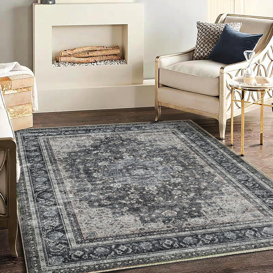 Washable Area Rug 4'x6' Traditional Floor Cover Foldable Thin Rugs Retro Kitchen Indoor Distressed Non Slip Carpet Floral Print Mat Bedroom Living Room