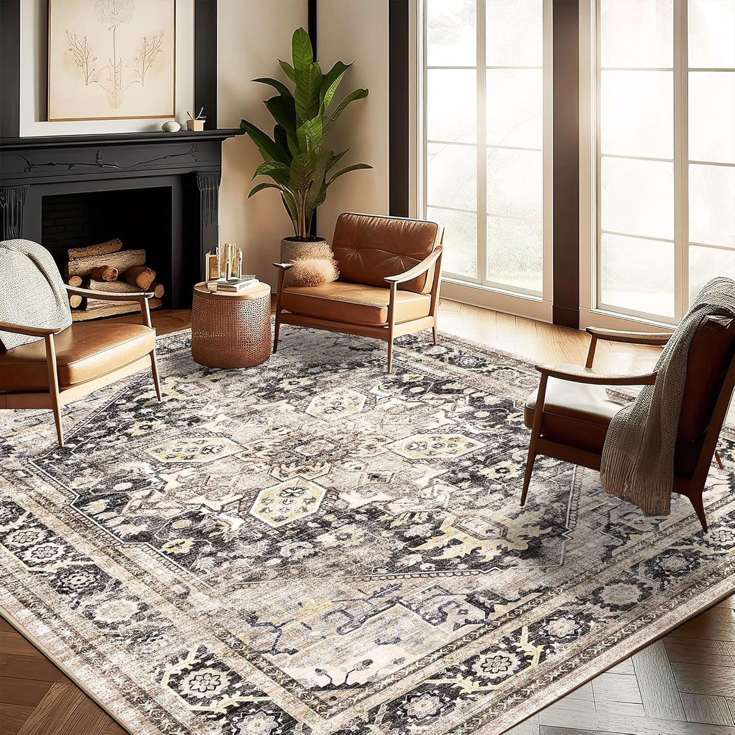 Washable Area Rug 8'x10' Black-Purple Khaki Retro Boho Design Non-Shedding Non-Slip Easy Care Ideal for High Traffic Areas in Living Room Bedroom Office Coffee Table Kitchen Large Carpet
