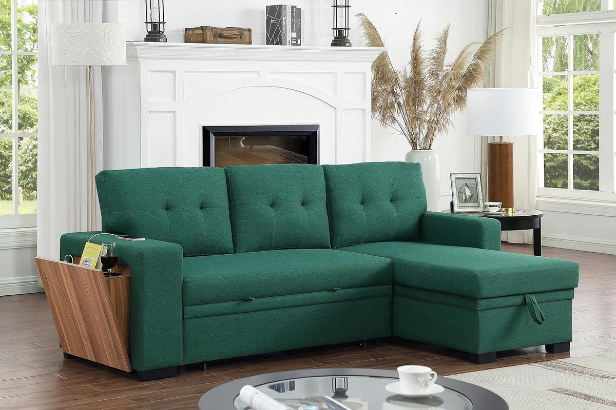 Ball & Cast Sectional Sleeper Sofa Bed,L-Shape Pull Out Couch,4 in 1 Pull-Out Sofabed W/Reversible Storage Chaise,USB Ports & Cup Holder,Convertible Sleeper Corner Couch W/Pull Out Bed,for Living Room