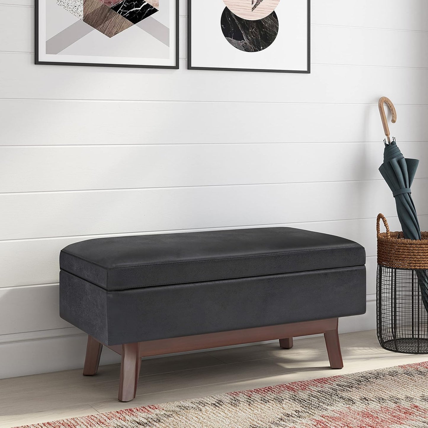 SIMPLIHOME Owen 36 inch Wide Mid Century Modern Small Rectangular Storage Ottoman in Distressed Black Vegan Faux Leather, Assembled, For the Living Room, Entryway and Family Room