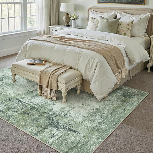 6x9 Washable Area Rug Dark Green Modern Neutral Abstract Living Room Bedroom Indoor Floor Carpet Low Pile Soft Non-Slip Lightweight Vacuumable Throw Rug for Nursery Dining Room Office