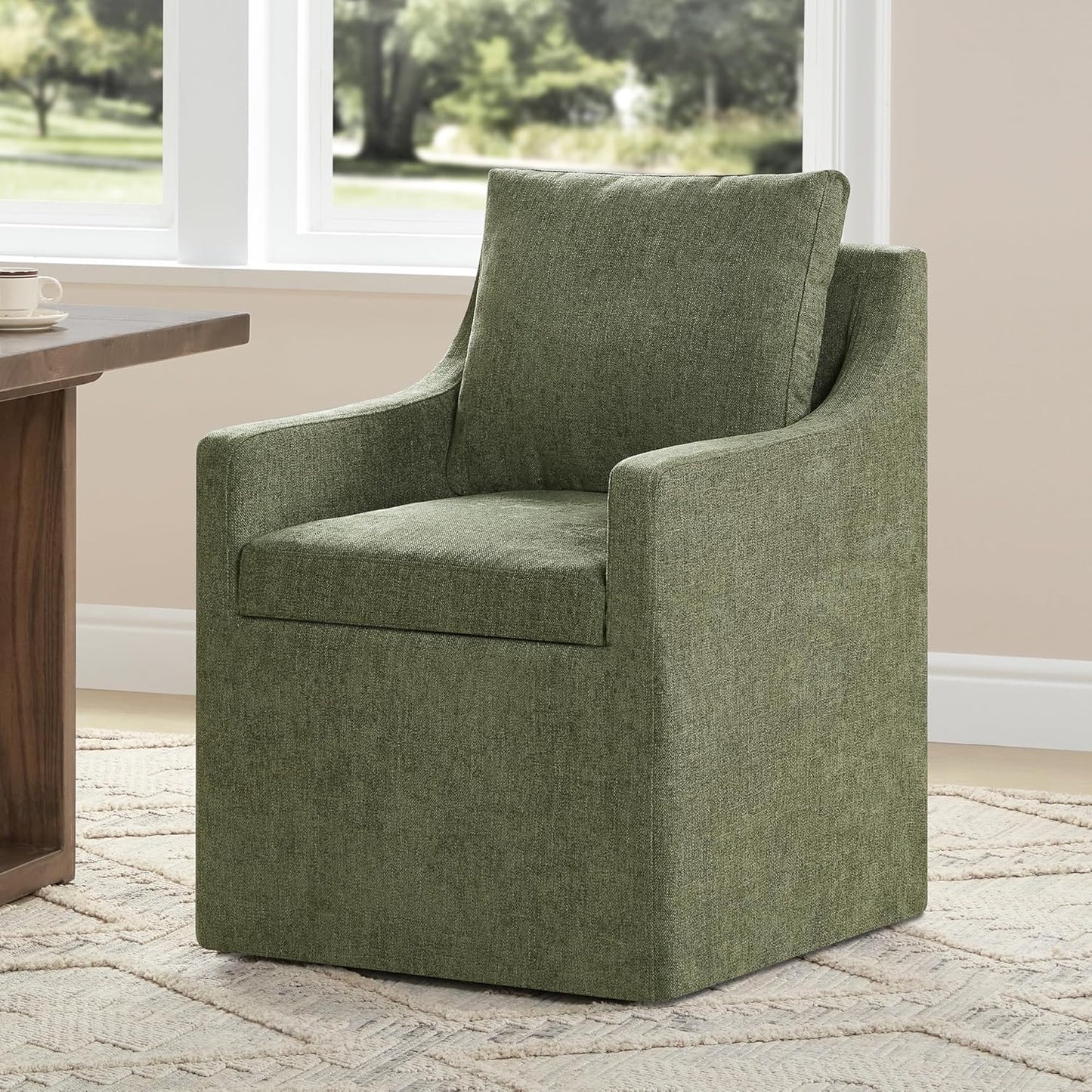 Upholstered Dining Chairs with Casters Easy Assembly Side Deskchair with Rollers for Diningroom Living Room, Green, 1 Box