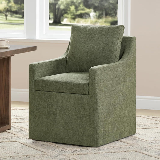 Upholstered Dining Chairs with Casters Easy Assembly Side Deskchair with Rollers for Diningroom Living Room, Green, 1 Box