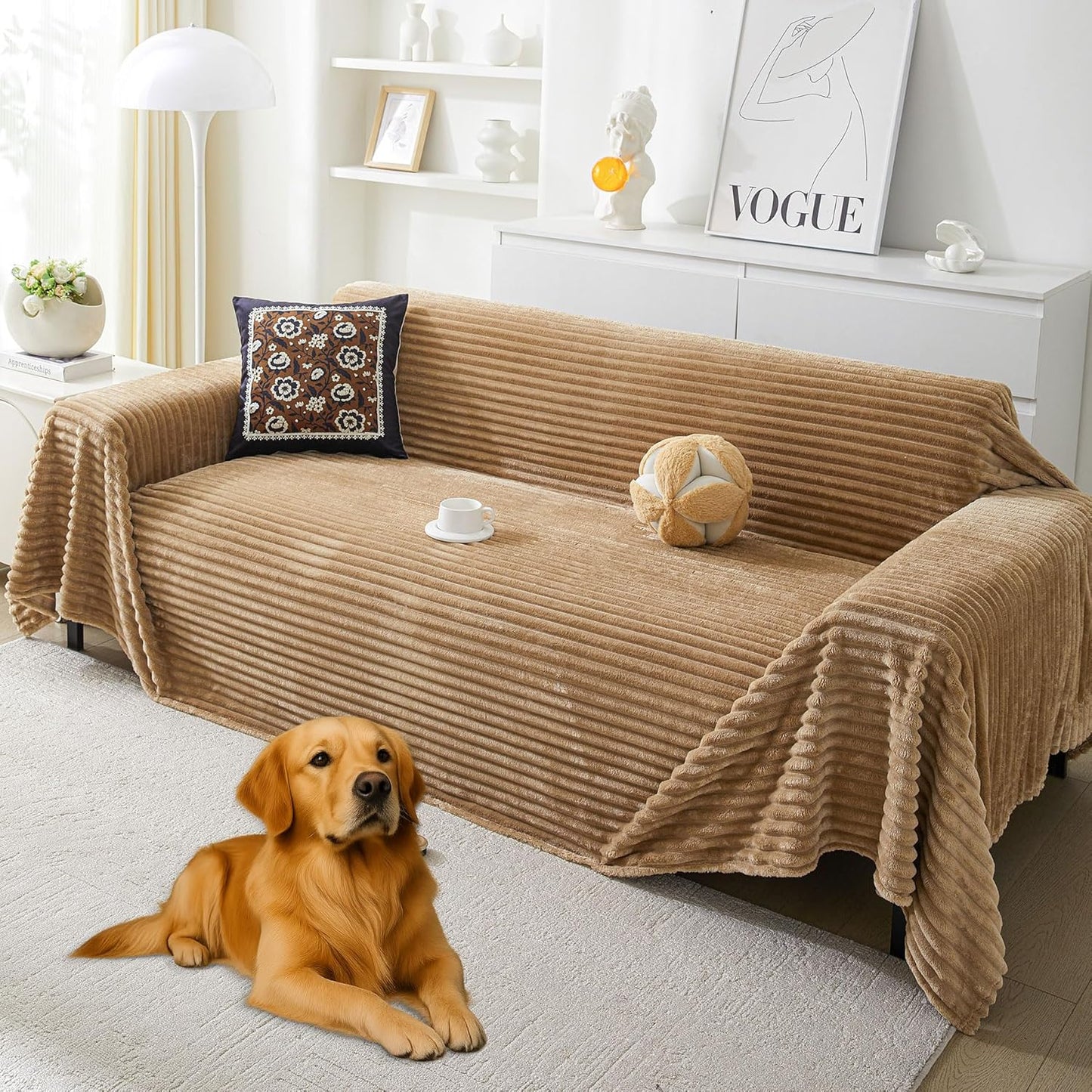 HAOMAIJIA Faux Fur Sofa Covers Couch Covers for 3 Cushion Couch Sofa Pet Friendly Soft Non Slip Couch Cover for Dogs Washable Sectional Couch Covers L Shape Furniture Protector (Khaki, 91"x134")
