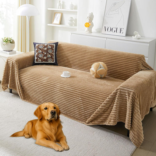 HAOMAIJIA Faux Fur Sofa Covers Couch Covers for 3 Cushion Couch Sofa Pet Friendly Soft Non Slip Couch Cover for Dogs Washable Sectional Couch Covers L Shape Furniture Protector (Khaki, 91"x150")