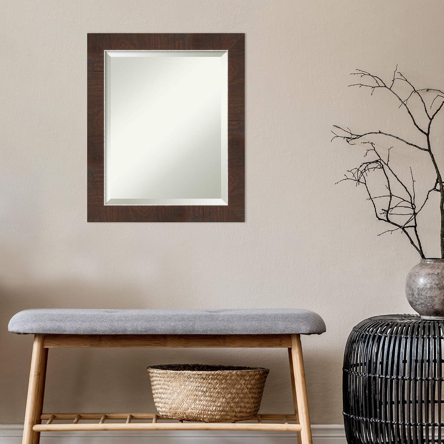 Amanti Art Brown Bathroom Mirror for Over Sink, 23x19 Wildwood Brown Narrow Rectangle Vanity Mirror, Small Rustic Farmhouse Frame, Hangs Horizonally and Vertically, Bathroom Wall Decor, Beveled Edge