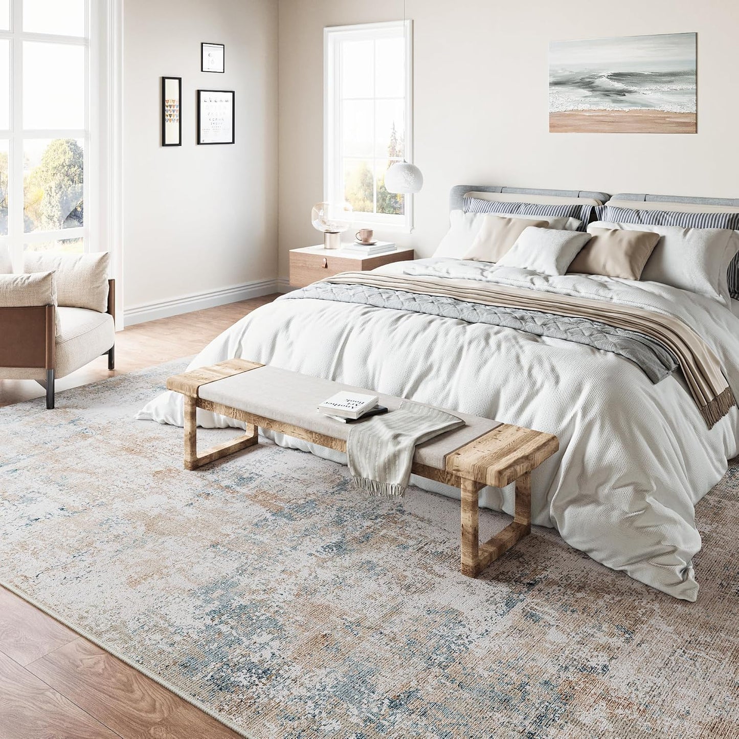 8x10 Washable Area Rug Beige Blue Neutral Abstract Living Room Bedroom Large Throw Rug Non Slip Soft Low Pile Indoor Floor Carpet for Dining Room Kitchen Office Entryway