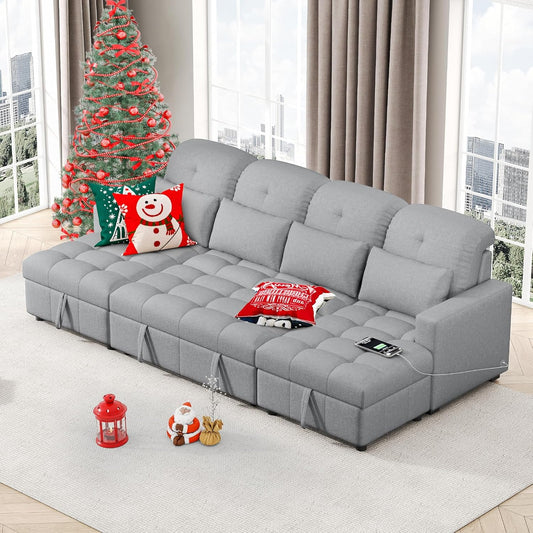 Ball & Cast 110.2" Oversized Versatile Sectional Sleep Sofa with Two USB Ports,U-Shape 4 Seat Pull-Out Couch w/Double Storage Chaise Lounges,for Living Room,Apartment,Office,Gray