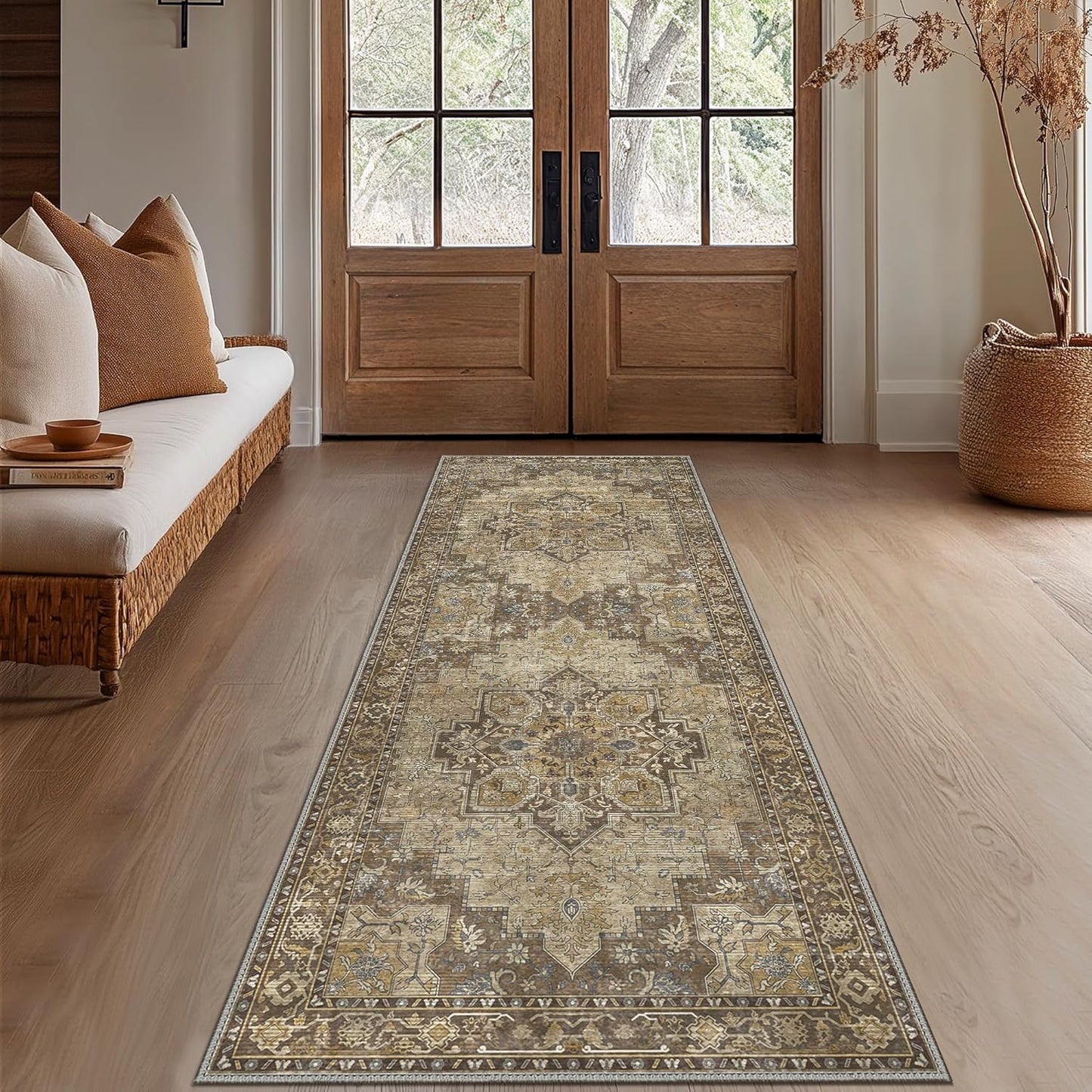 GENIMO 2'6''x12 Runner Rugs for Hallway, Machine Washable Non Slip Vintage Rugs, Low Pile Lightweight Soft Print Rug for enrtyway, Corridor, Home Office, Kitchen, Rustic Brown
