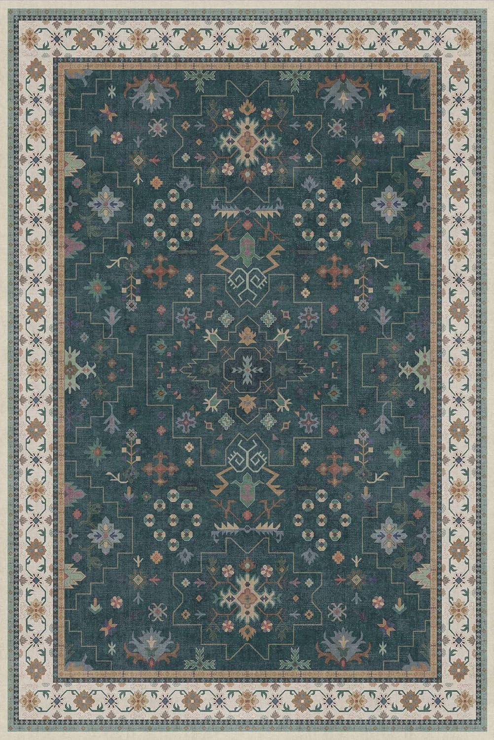Vintage Dark Green 6x9 Dining Room Rugs for Under Kitchen Table - Washable Livinig Room Rug - Unique Floral Pastel Low Pile Non-Slip Large Area Rugs for Bedroom