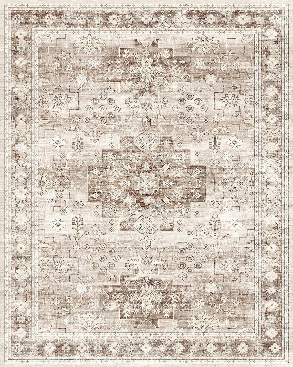 Washable Farmhouse Living Room Rug, 8x10 Area Rugs for Bedroom, Dining Room Under Table Carpet, Kids Room, Large Boho Vintage Non-Slip Floral Rugs Low Pile Stain Resistant (8x10 Beige/Latte)