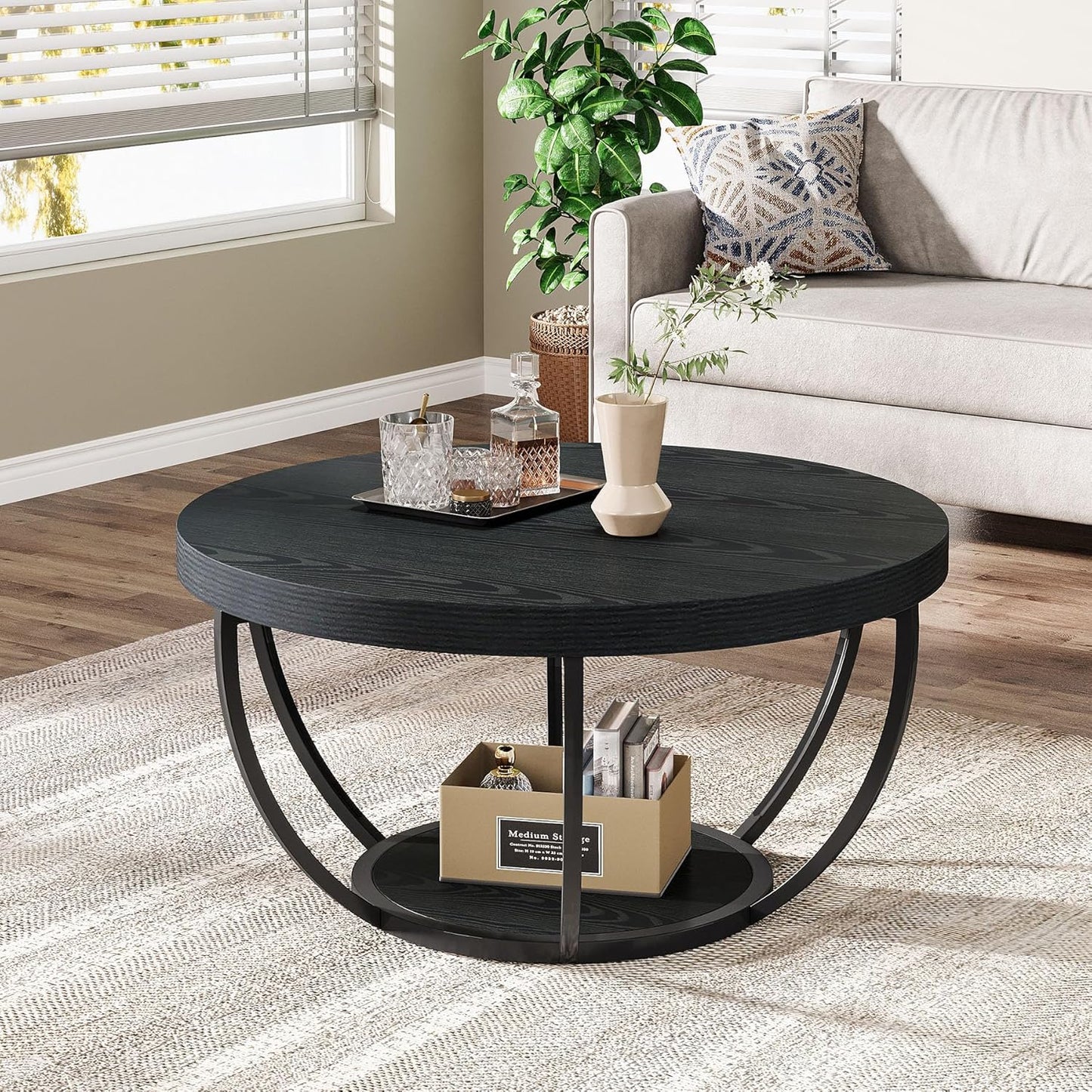 Tribesigns Black Round Coffee Table, 31.7" Modern 2-Tier Circle Coffee Table with Storage Shelves, Accent Cocktail Table Center Table for Living Room