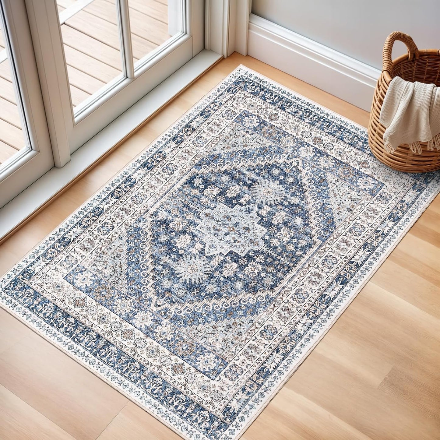 zesthome 2x3 Entryway Rug, Soft Washable Rugs, Non Slip Area Rug, Stain Resistant Low Pile Rugs for Bedroom, Vintage Rug for Door Mat, Kitchen (Blue/Beige,2'x3')