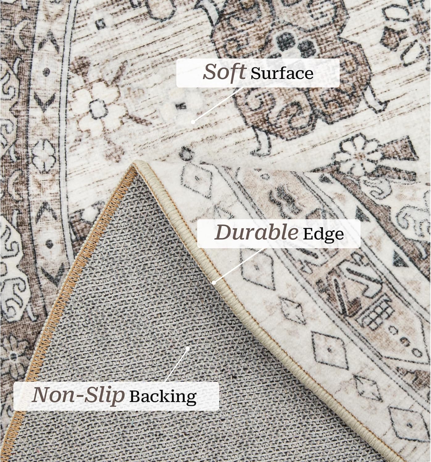 zesthome Washable Round Area Rugs - Non-Slip 6ft Round Rugs, Ultra-Thin Large Circle Rugs for Living Room, Soft Low Pile Rug for Bedroom, Kitchen, Nursery - Vintage Round Rug(Brown/Beige,6'x6')